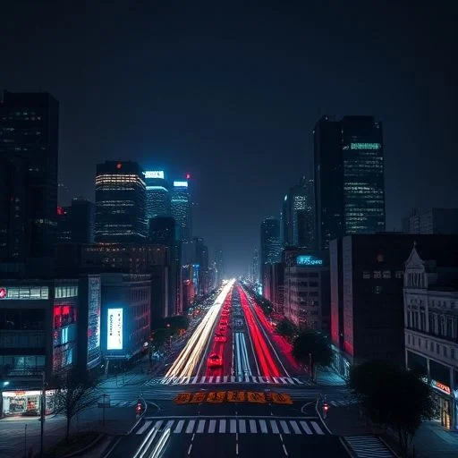 Hyper-realistic futuristic cityscape at night with flowing light trails